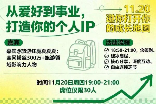 11.20 周四晚 丨 百万粉丝旅游博主-夏夏夏律师：打造你的个人IP，职场与副业双线突破公益分享